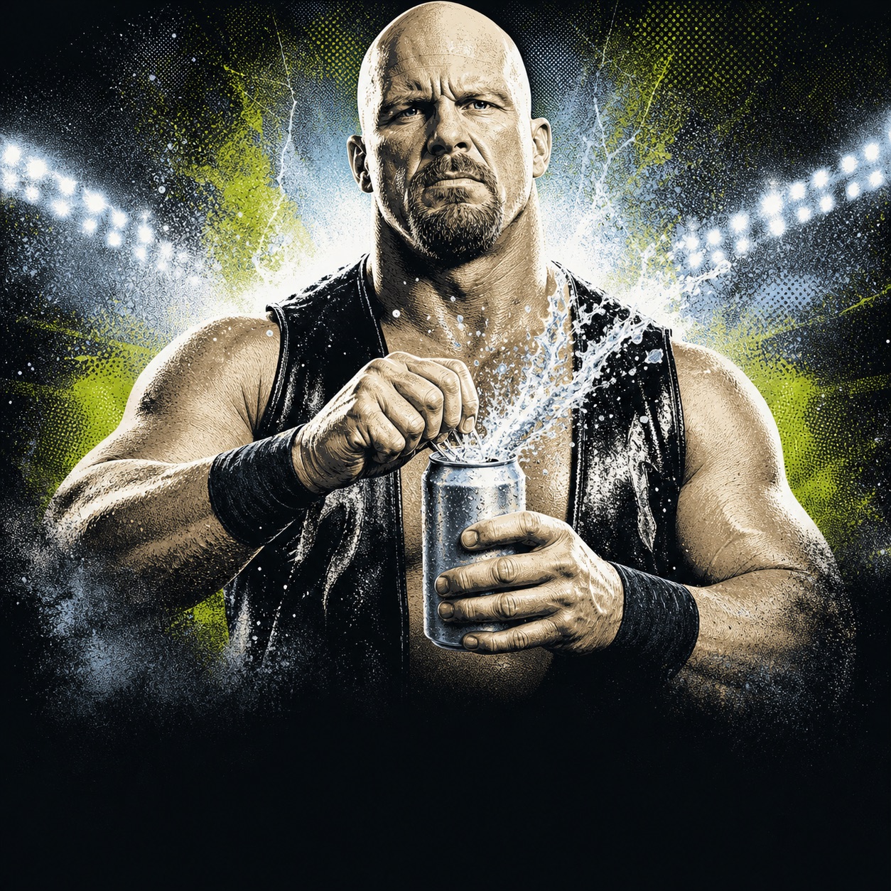 Stylized bald wrestler-inspired figure cracking open an ice-cold beer